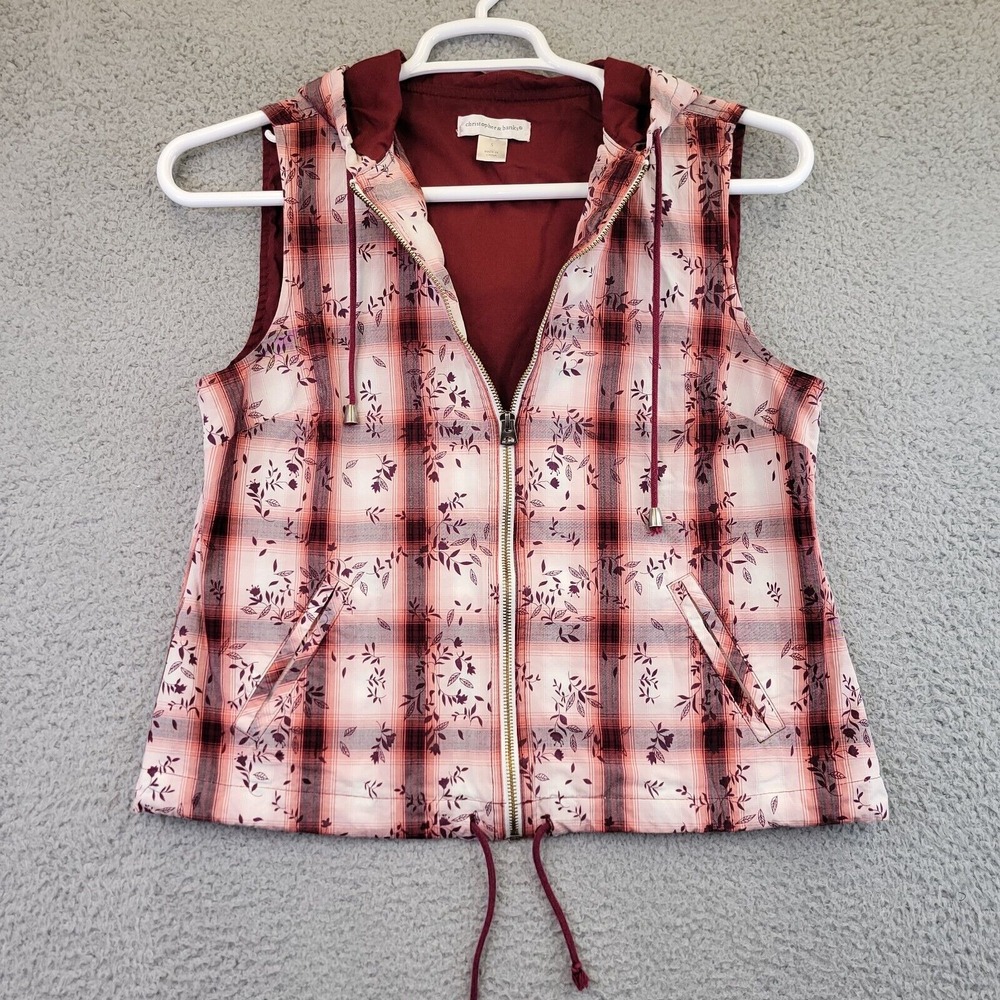 Christopher and Banks Women's Size Small Red Plaid Full‎ Zip Hooded Sleeveless